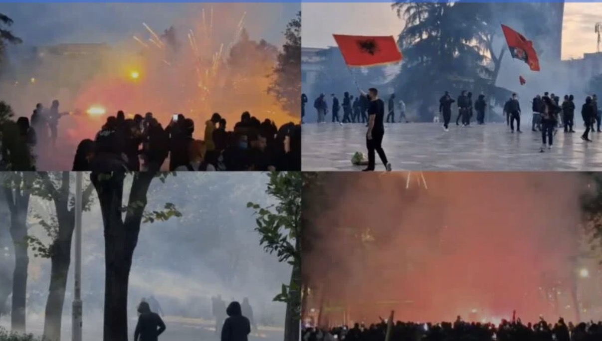 Protesta e dhunshme, zjarr në hyrje të Ministrisë së Bujqësisë, “breshëri” fishekzjarrësh drejt selisë së PS-së dhe Bankës së Shqipërisë, policia kundërpërgjigjet me gaz, ujë dhe plumba gome